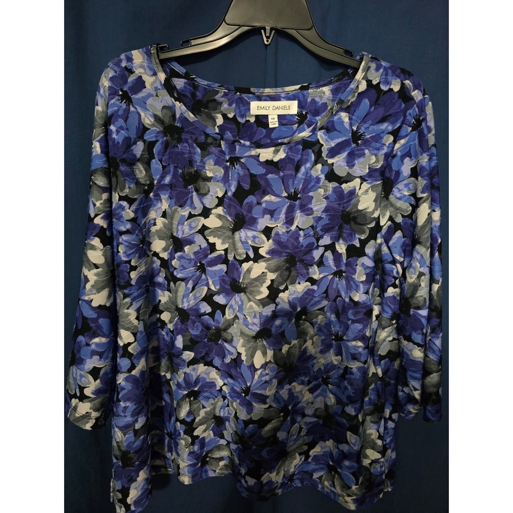 Emily Daniels Womens Blue Floral Scoop Neck 3/4 Sleeve Blouse Top Plus Size 1X